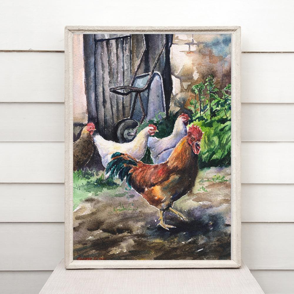 Rooster Watercolor Art Print Framed, Farm, Barnyard Scene. Pen and Ink deals With Watercolor Rooster Art. Rooster Gift for him, her, Children