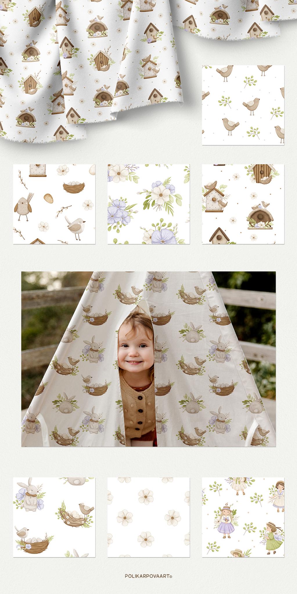 Collection "Spring time" - children's illustrations and patterns, flower bouquets and wreaths