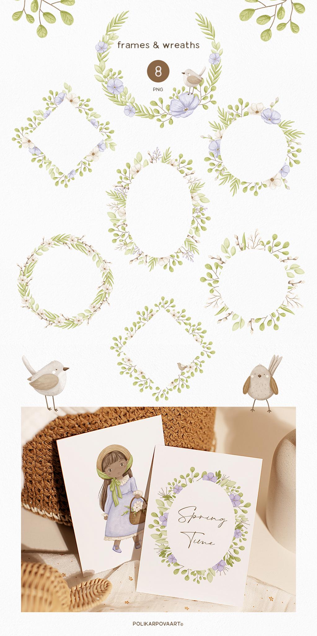 Collection "Spring time" - children's illustrations and patterns, flower bouquets and wreaths