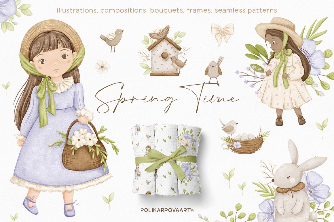 Collection "Spring time" - children's illustrations and patterns, flower bouquets and wreaths
