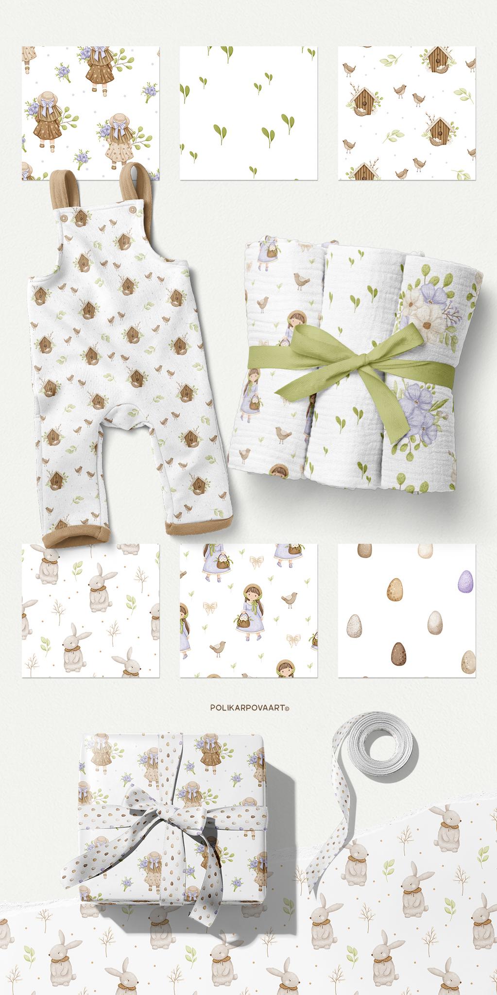 Collection "Spring time" - children's illustrations and patterns, flower bouquets and wreaths