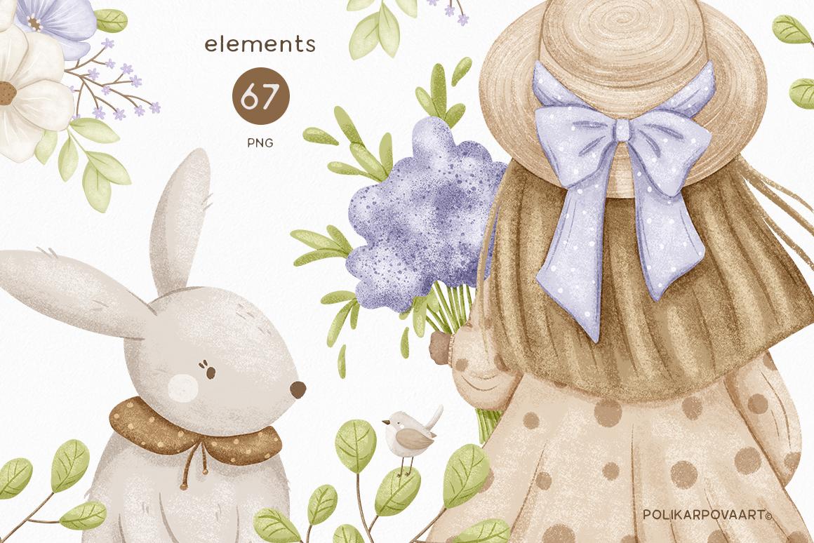 Collection "Spring time" - children's illustrations and patterns, flower bouquets and wreaths
