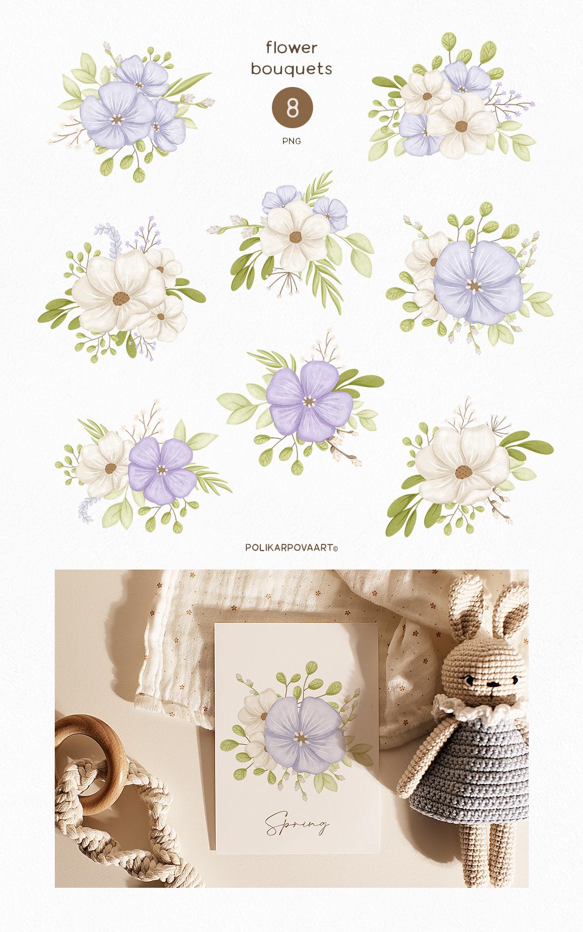 Collection "Spring time" - children's illustrations and patterns, flower bouquets and wreaths