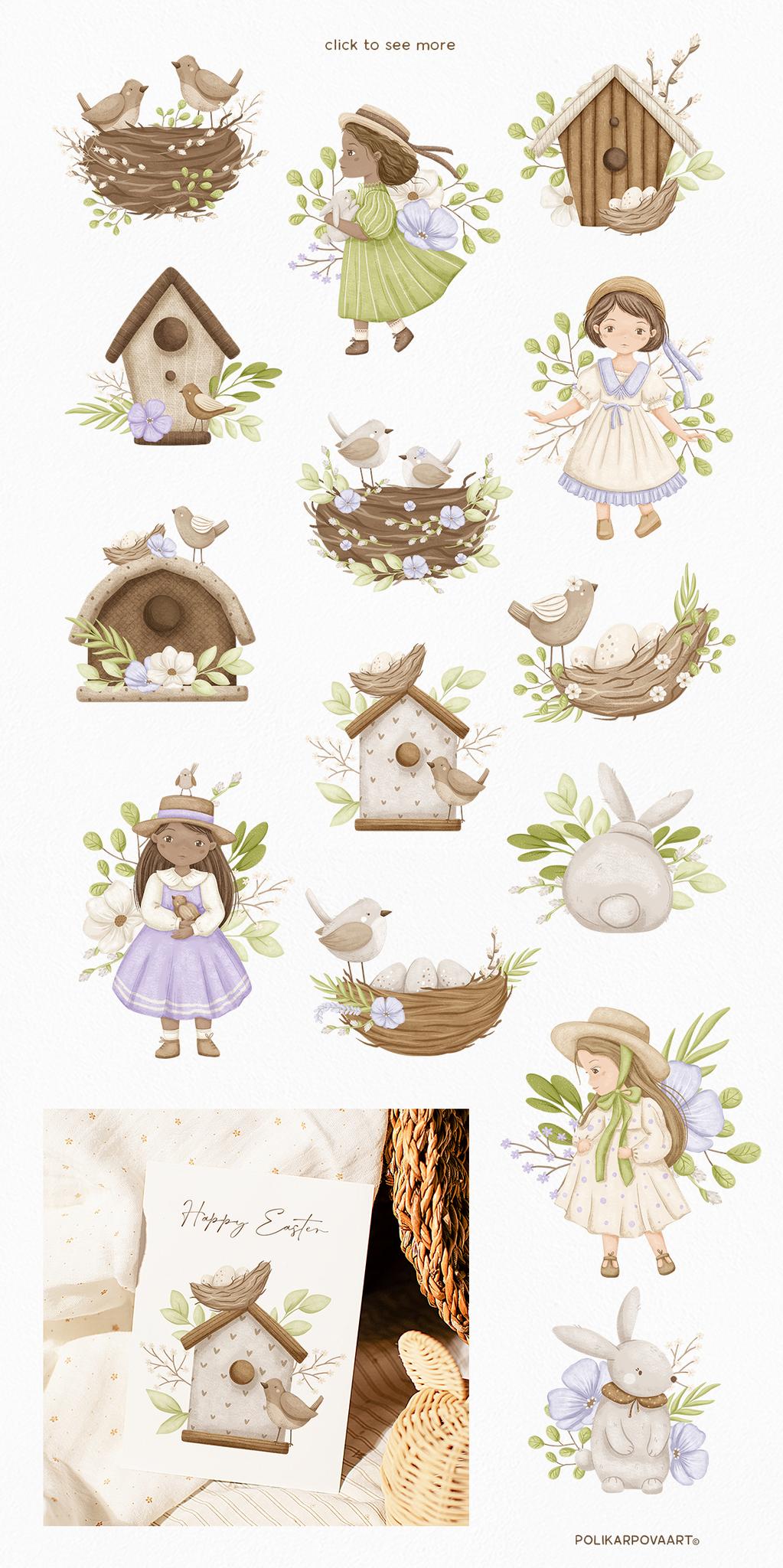 Collection "Spring time" - children's illustrations and patterns, flower bouquets and wreaths