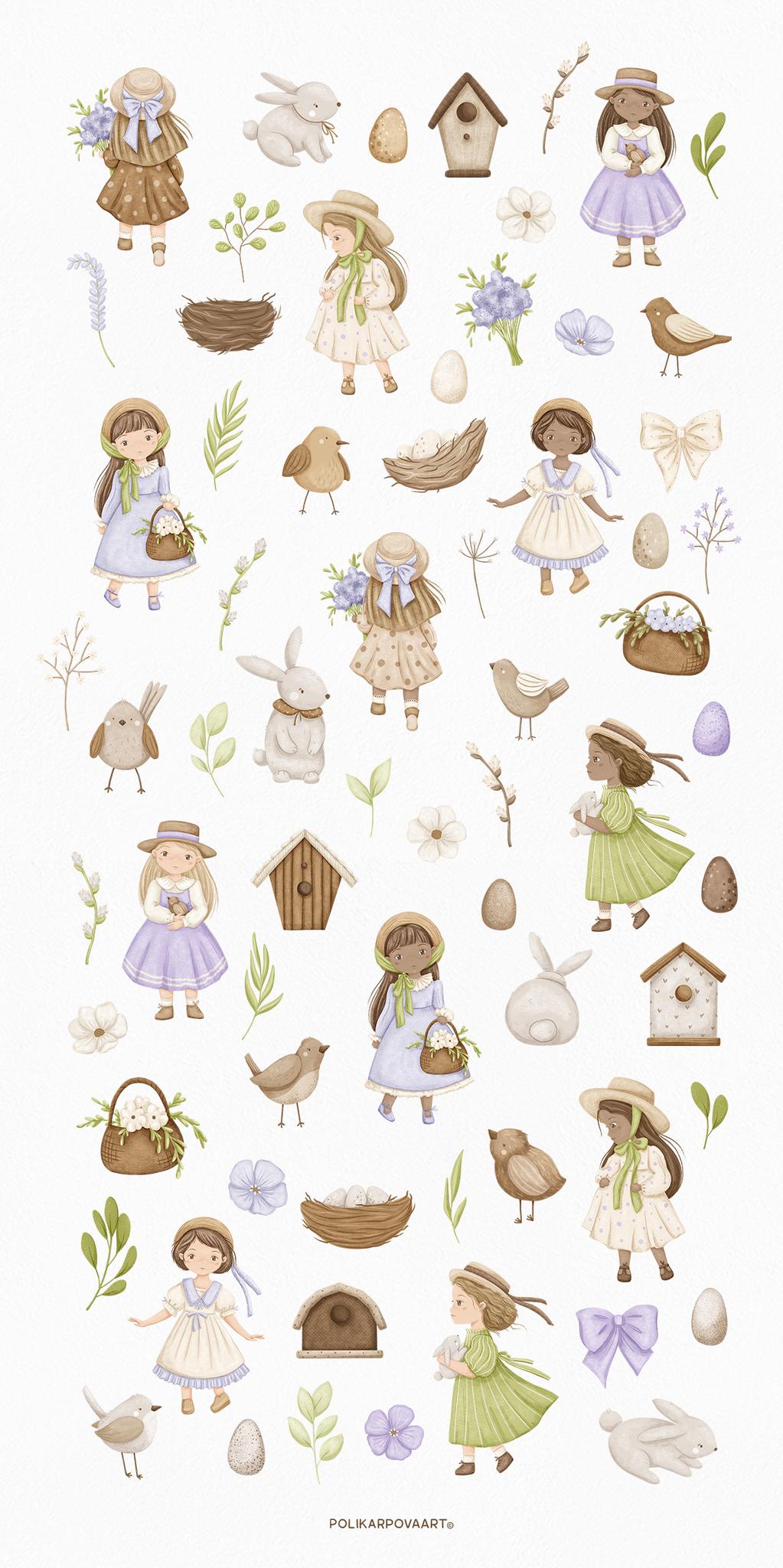 Collection "Spring time" - children's illustrations and patterns, flower bouquets and wreaths