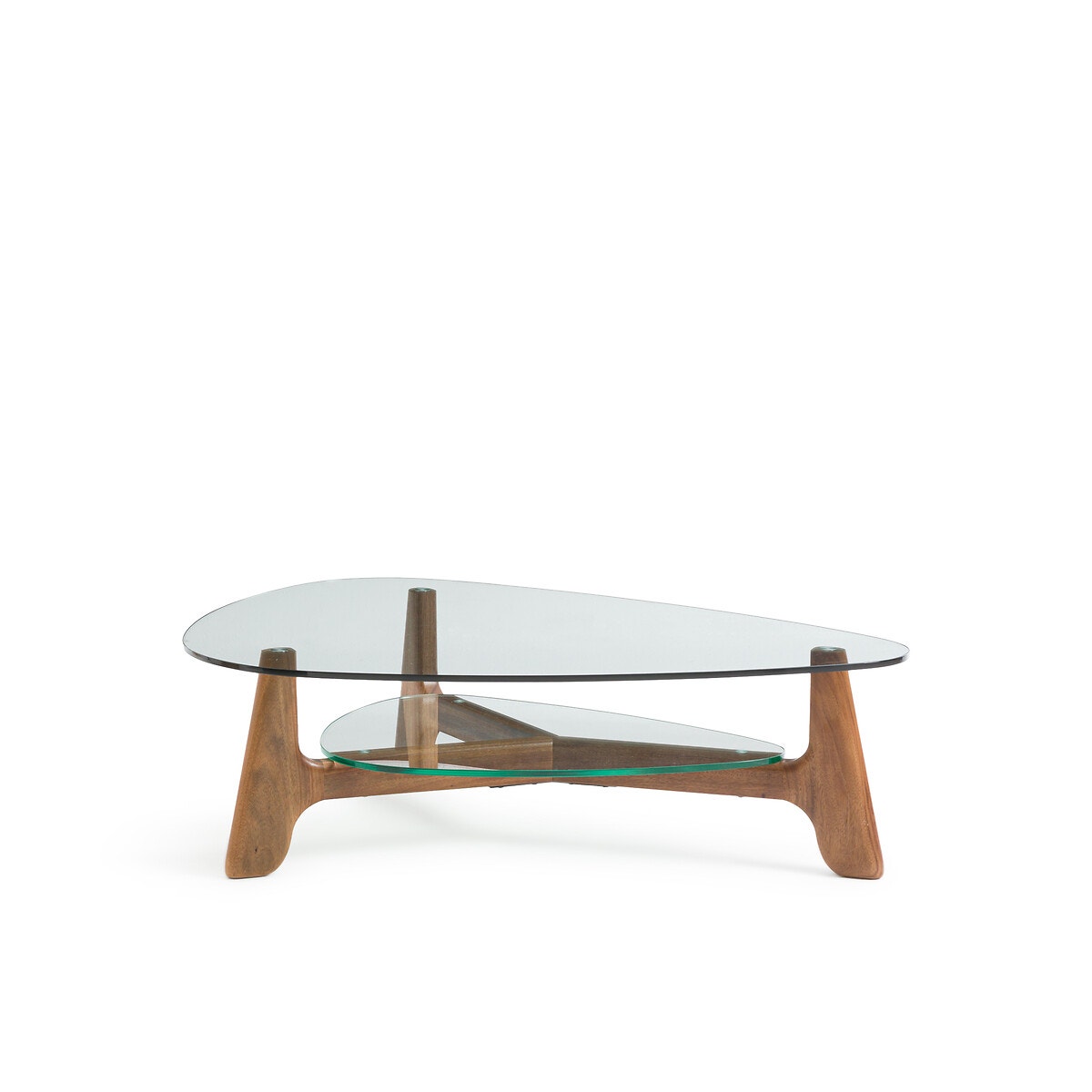 Стол журнальный с двойной столешницей из стекла и орехового дерева