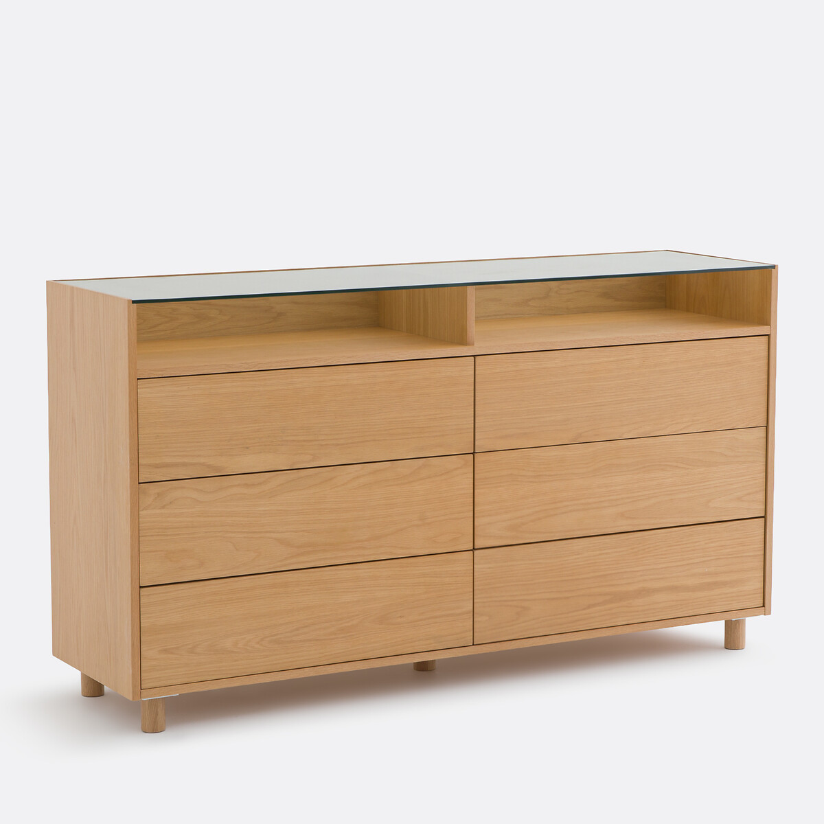 Комод из шпона дуба и закаленного стекла, 6 ящиков