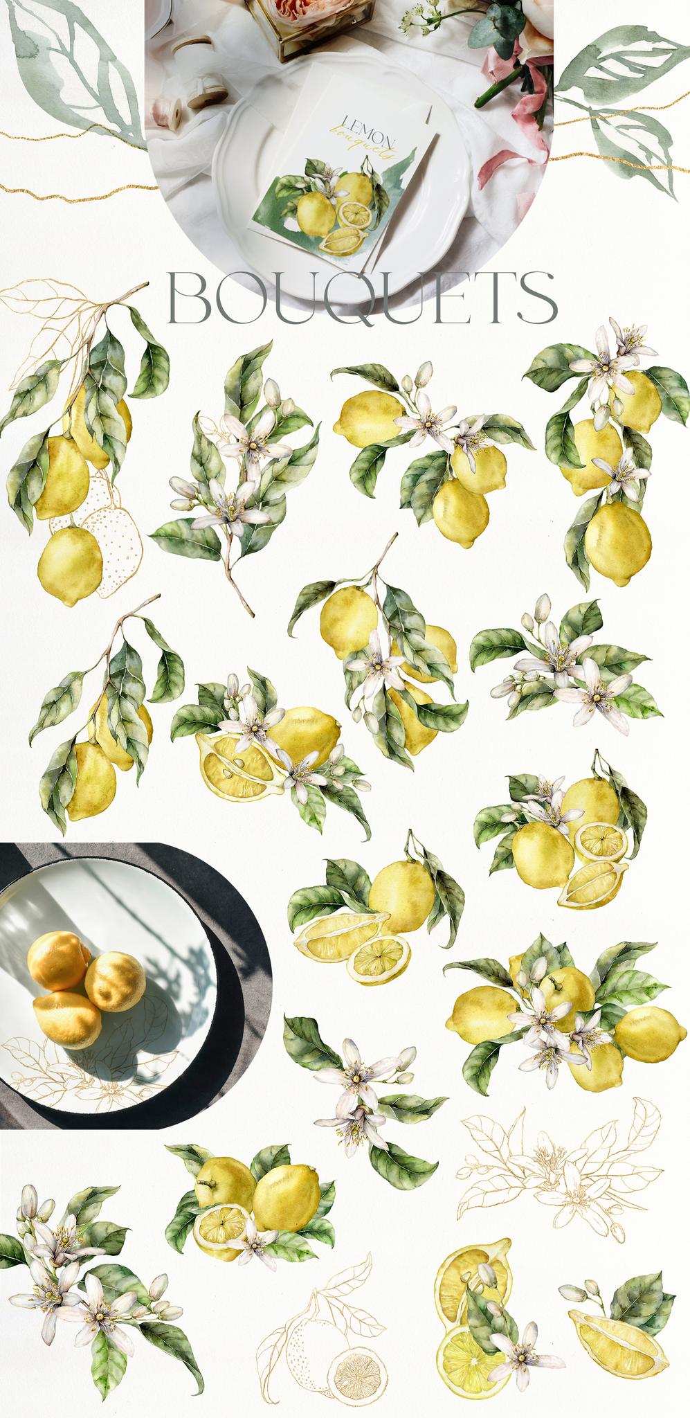 Lemons Watercolor Illustrations & Abstract Design