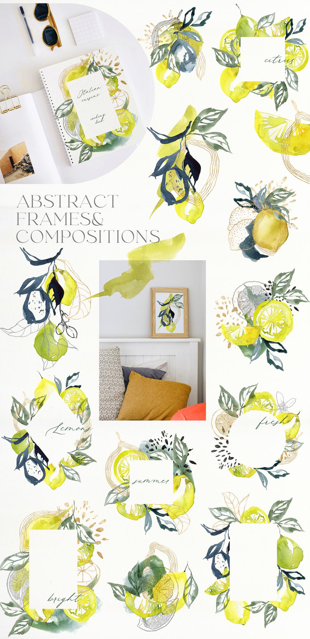 Lemons Watercolor Illustrations & Abstract Design
