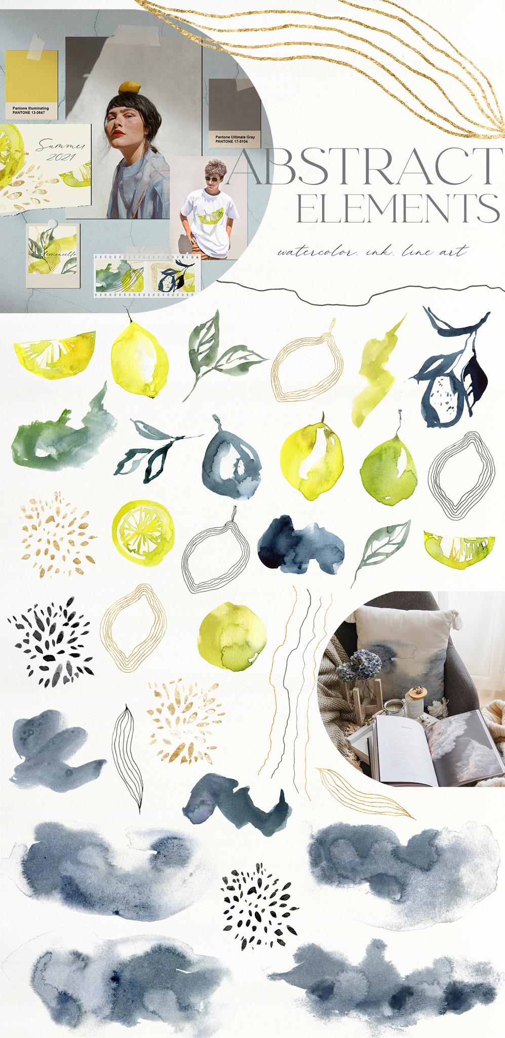 Lemons Watercolor Illustrations & Abstract Design