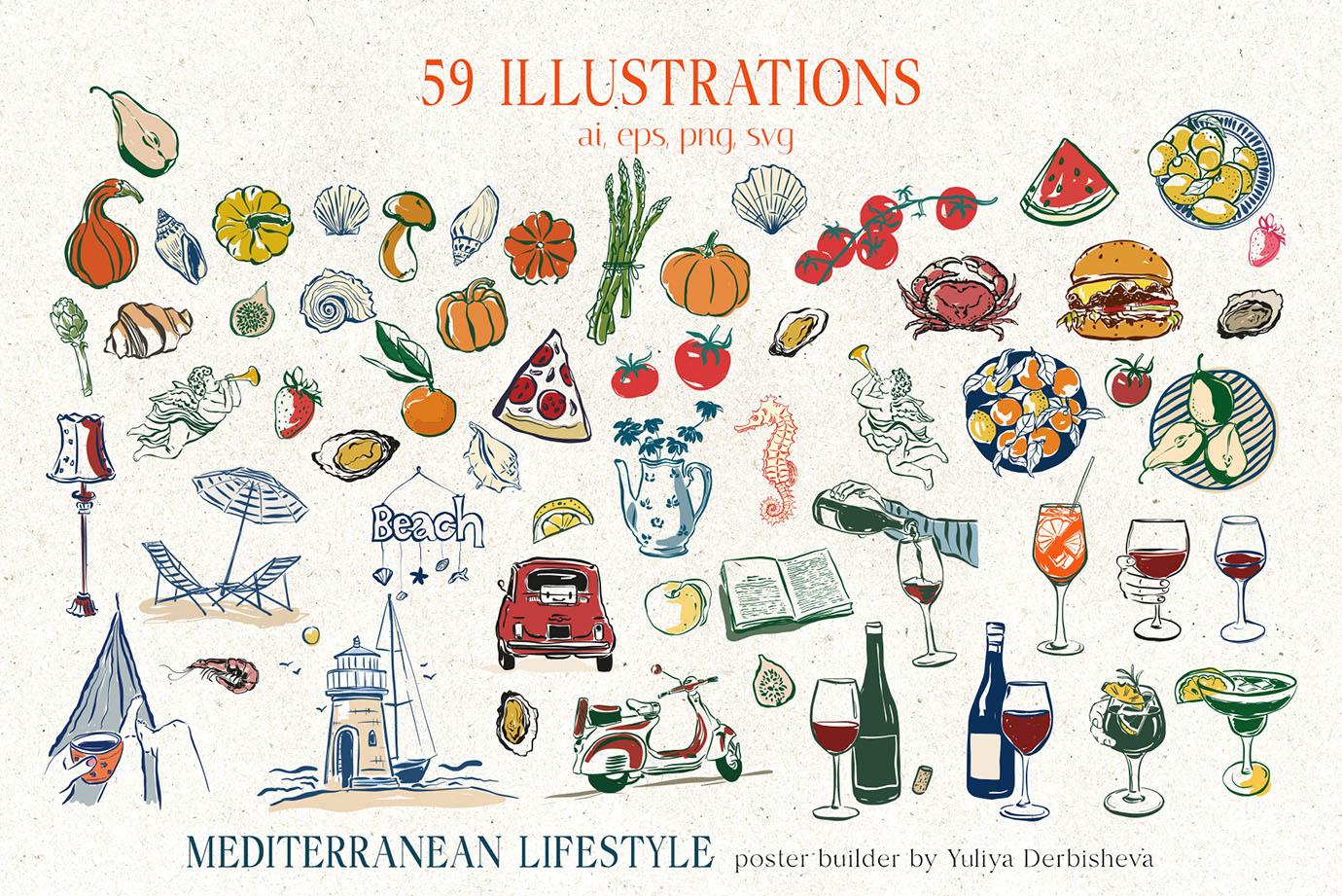 Mediterranean Lifestyle Posters Art Prints vector collection