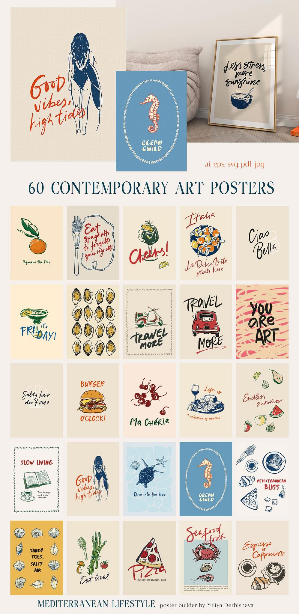 Mediterranean Lifestyle Posters Art Prints vector collection