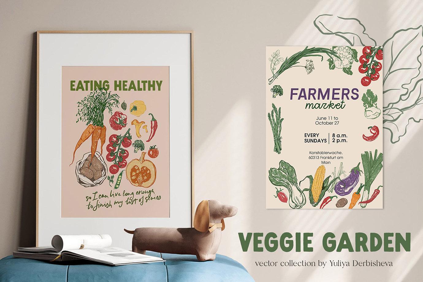 Veggie Garden – Hand-Drawn Vegetables Vector Illustrations, Patterns & Posters