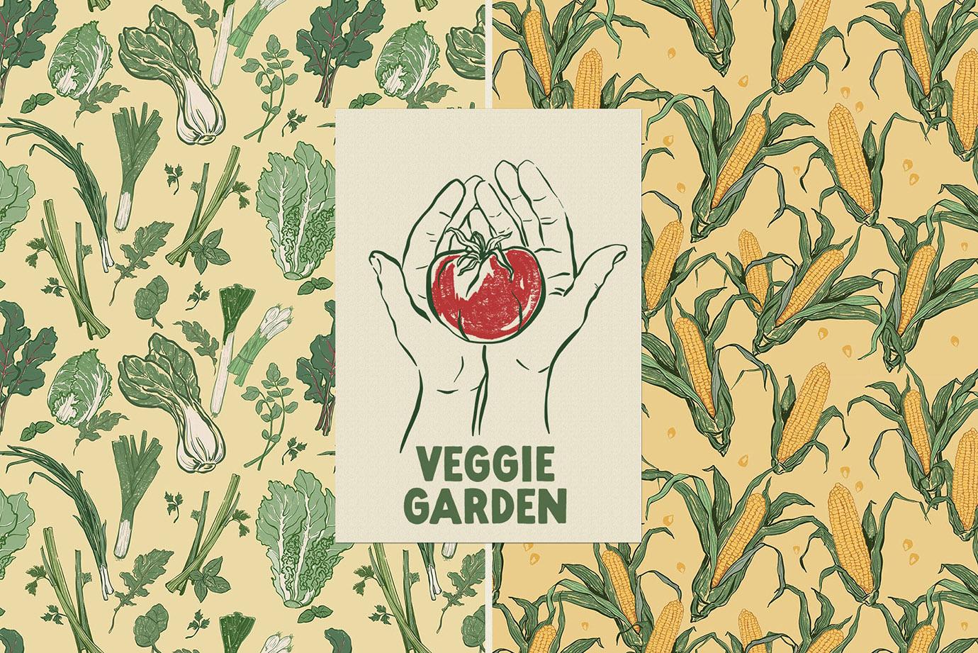 Veggie Garden – Hand-Drawn Vegetables Vector Illustrations, Patterns & Posters