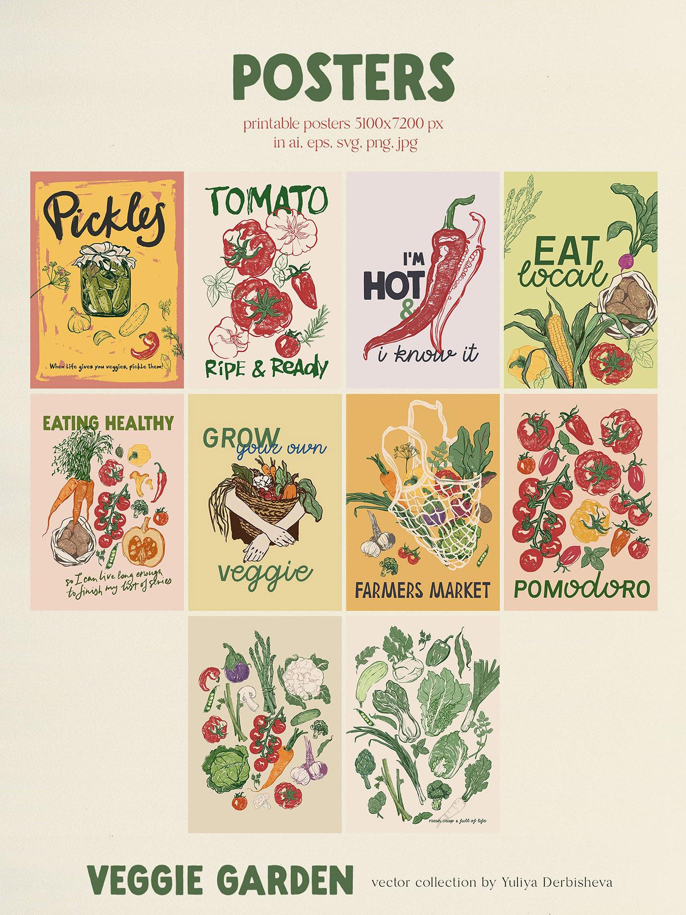 Veggie Garden – Hand-Drawn Vegetables Vector Illustrations, Patterns & Posters