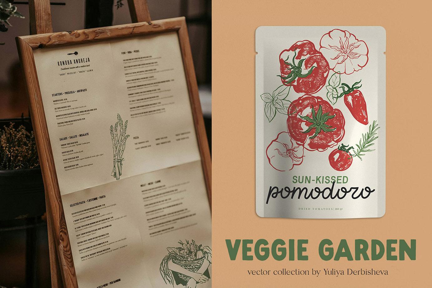 Veggie Garden – Hand-Drawn Vegetables Vector Illustrations, Patterns & Posters
