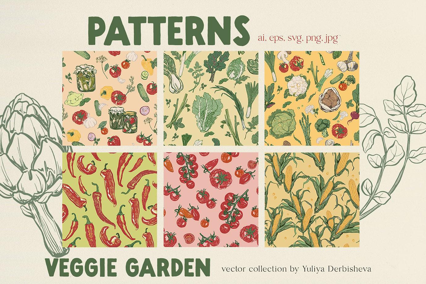 Veggie Garden – Hand-Drawn Vegetables Vector Illustrations, Patterns & Posters