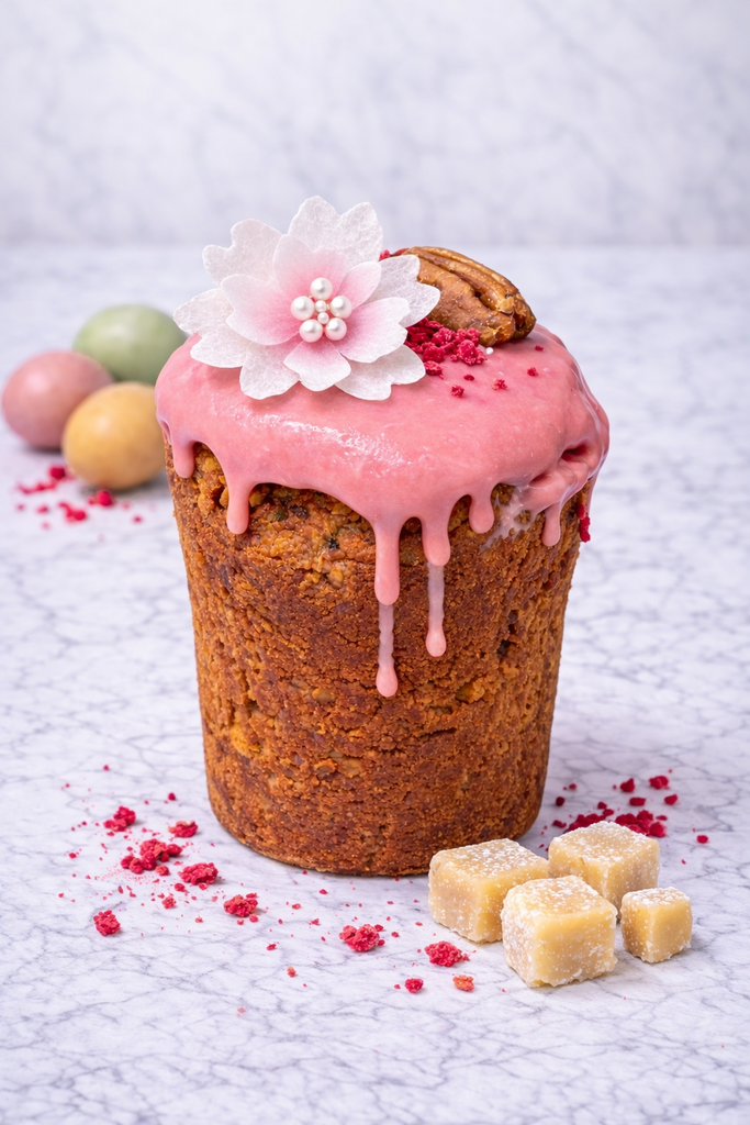 Паска з марципаном, апельсиновими цукатами в малиновій глазурі