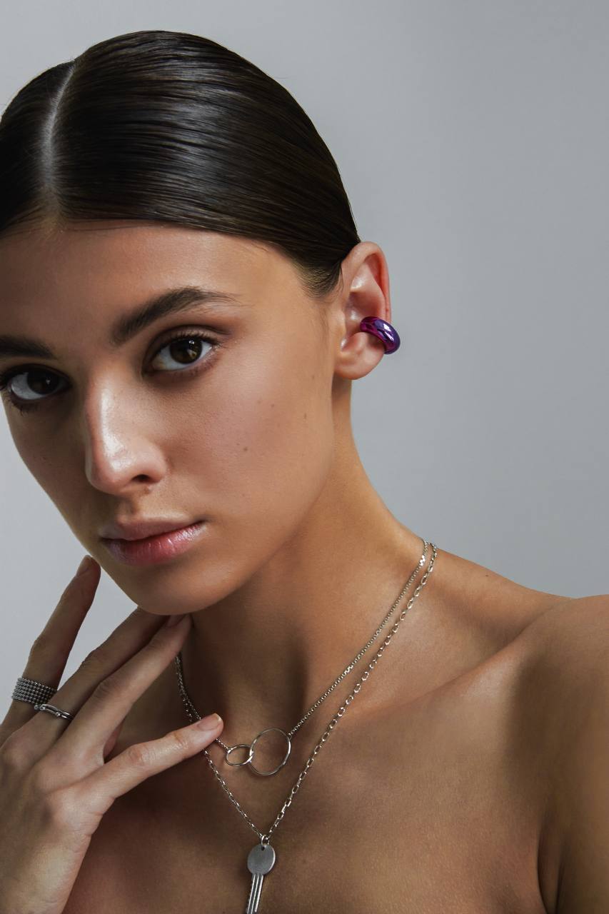 Серебряная серьга-кафф "Bubble", как бублик purple