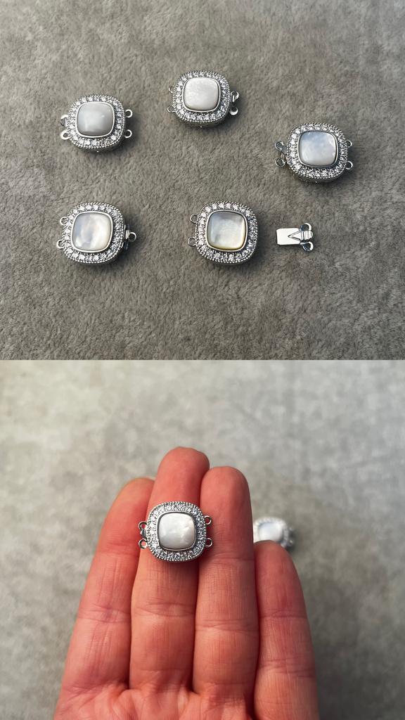 Застежка родий с перламутром двухрядная 15 мм