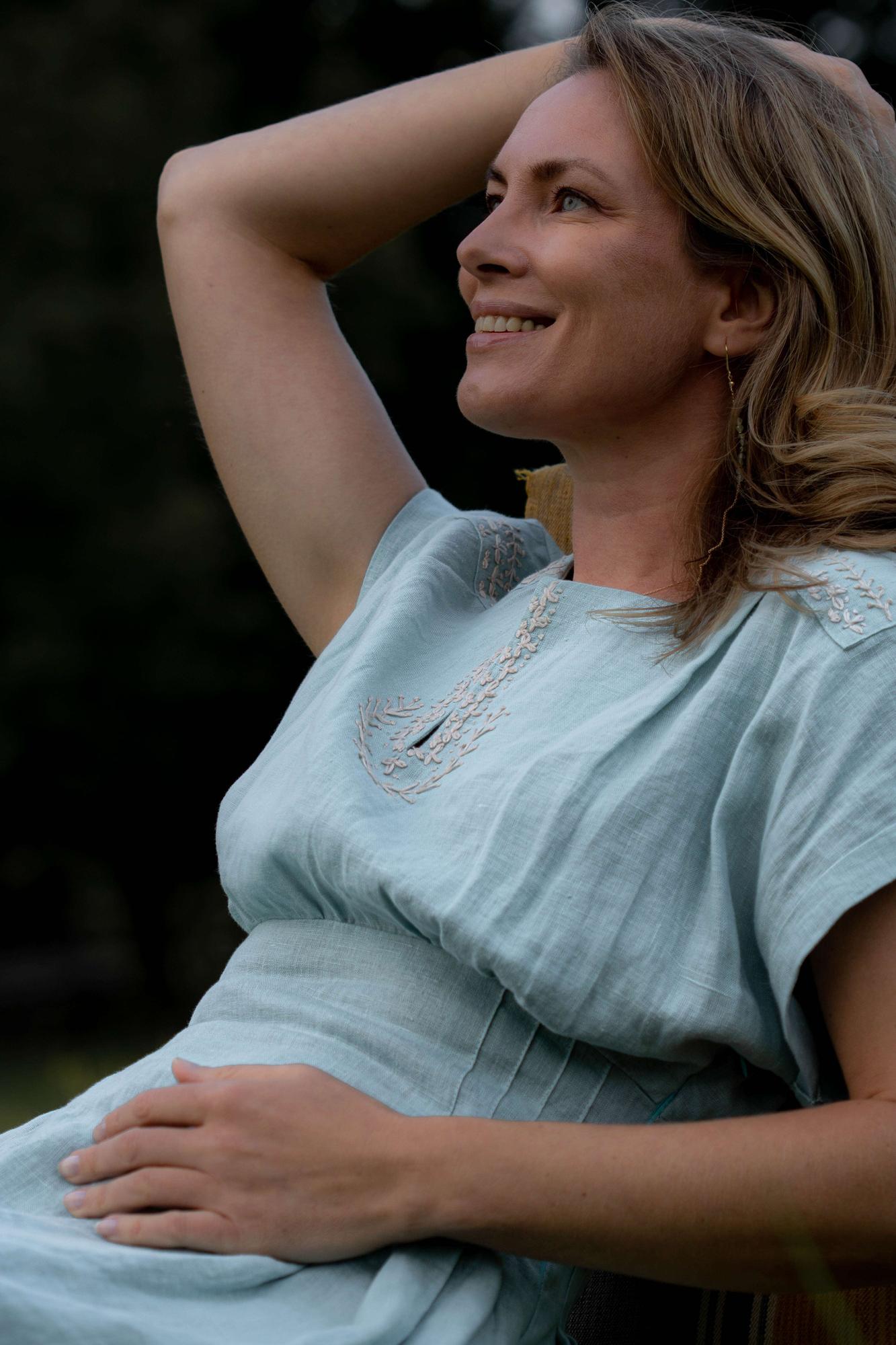 LINEN DRESS EUCALYPTUS HAND-EMBROIDERED