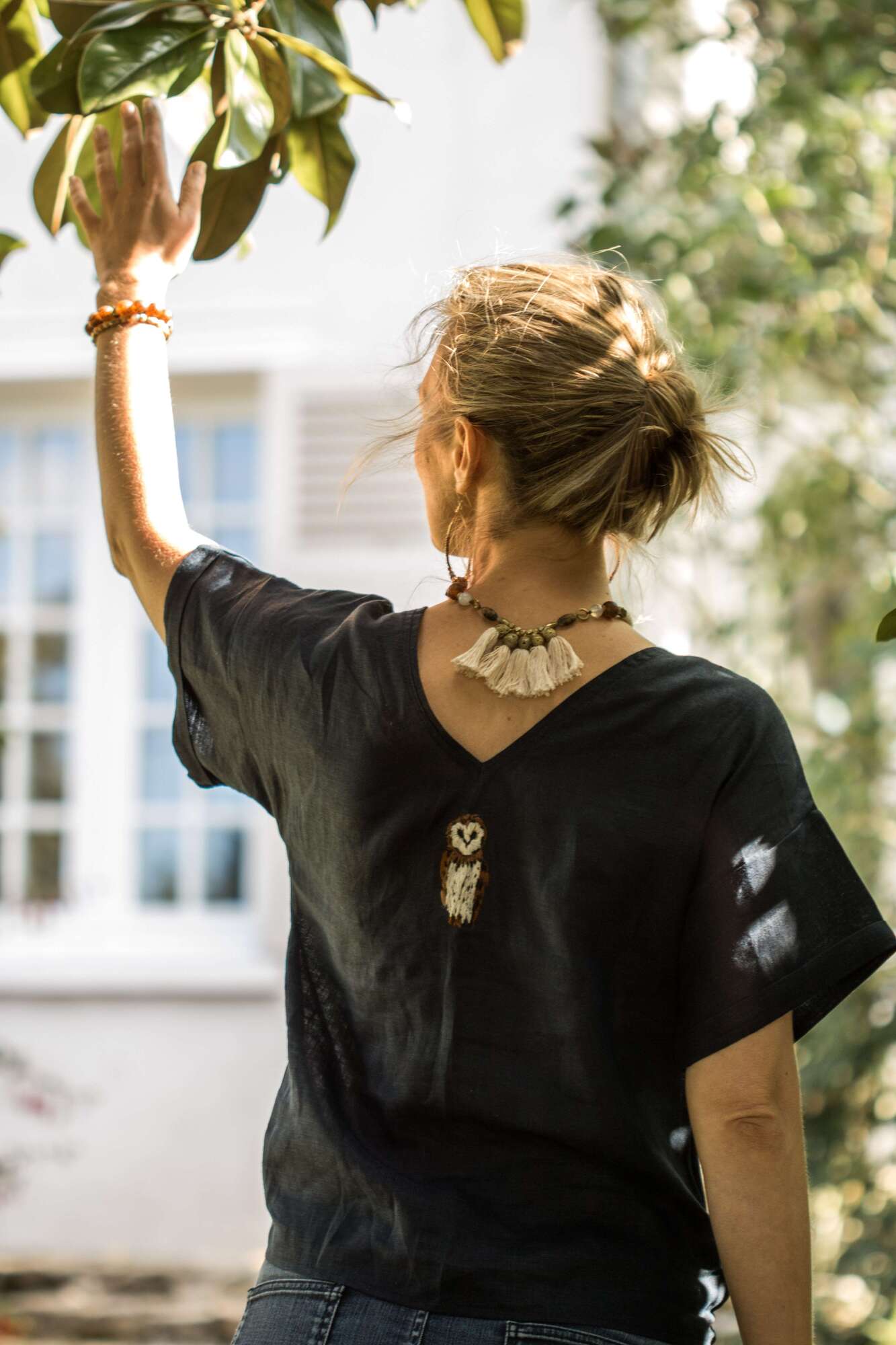 LINEN TOP OWL EMBROIDERED BY HAND