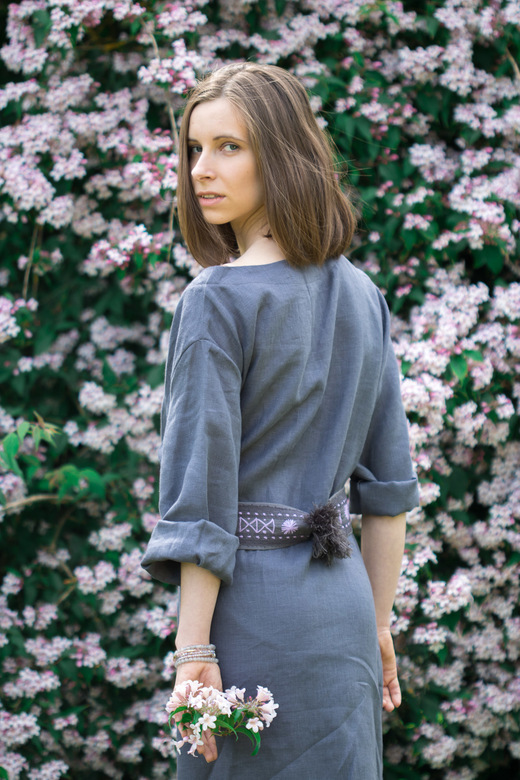 LINEN DRESS, HAND-EMBROIDERED BELT
