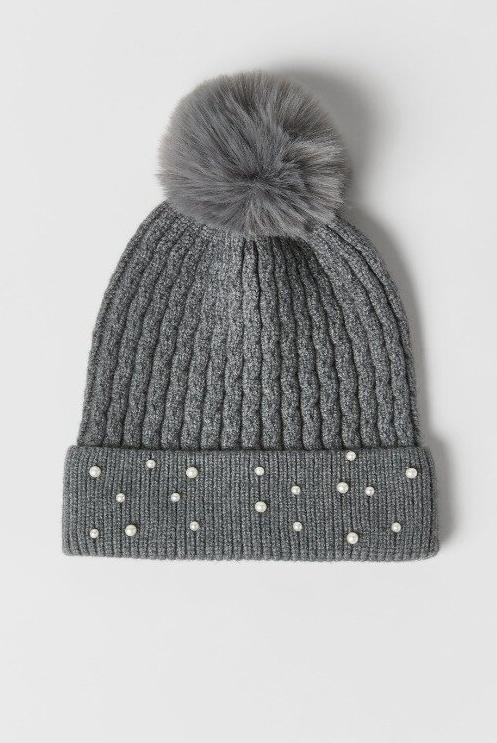В'язана шапка біні з перлинками Сіра