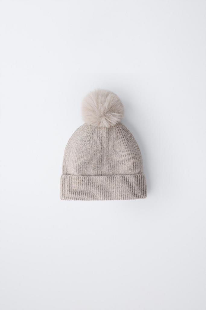 В'язана шапка з помпоном Пісочний
