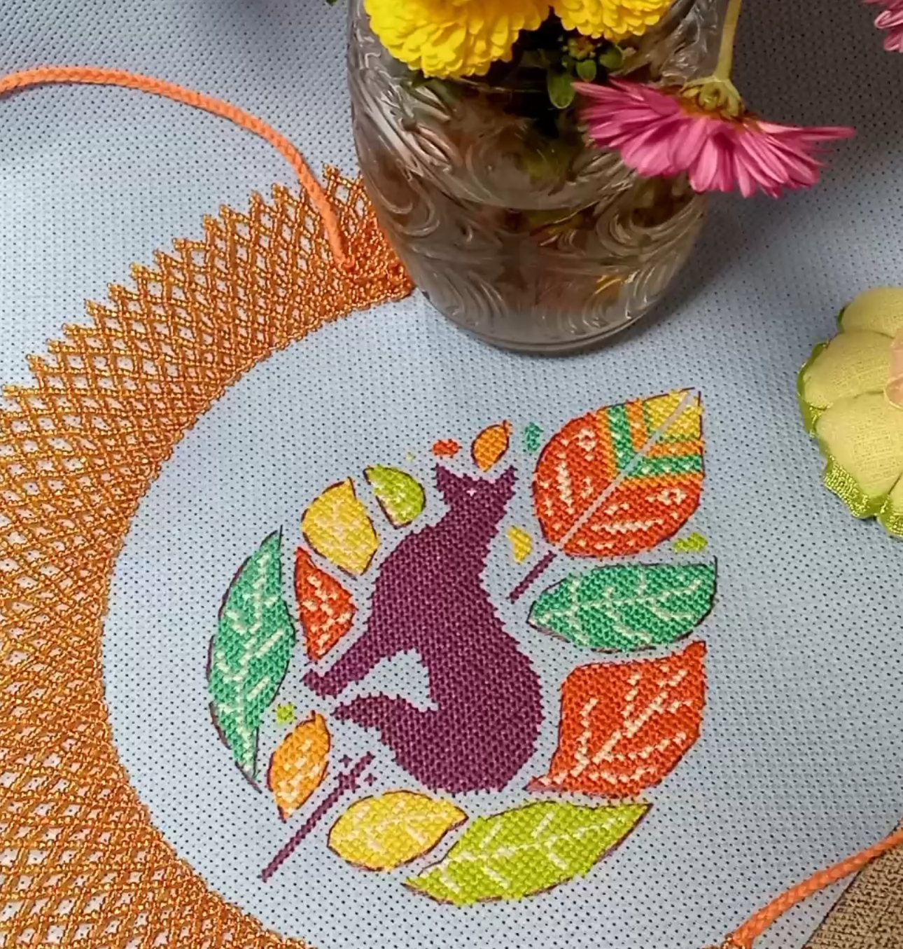 Autumn leaves with animals set - cross stitch pattern