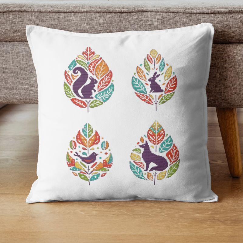 Autumn leaves with animals set - cross stitch pattern