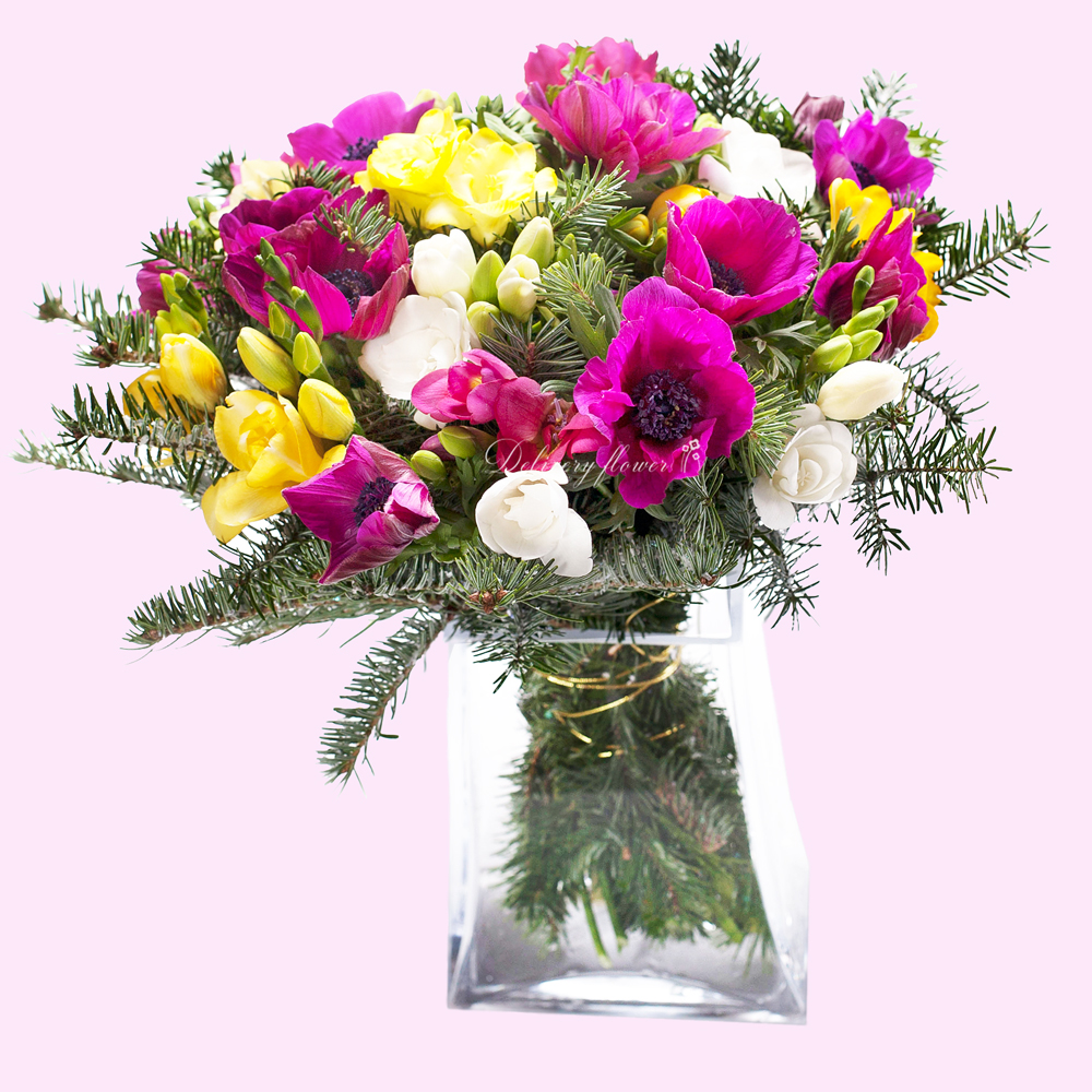 Mix bouquet fir, anemones, freesia