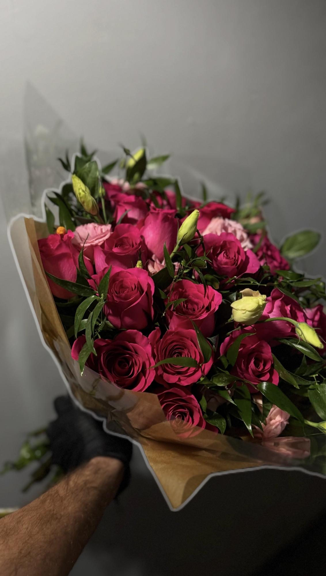 MIX bouquet Hot Pink Roses with fillers