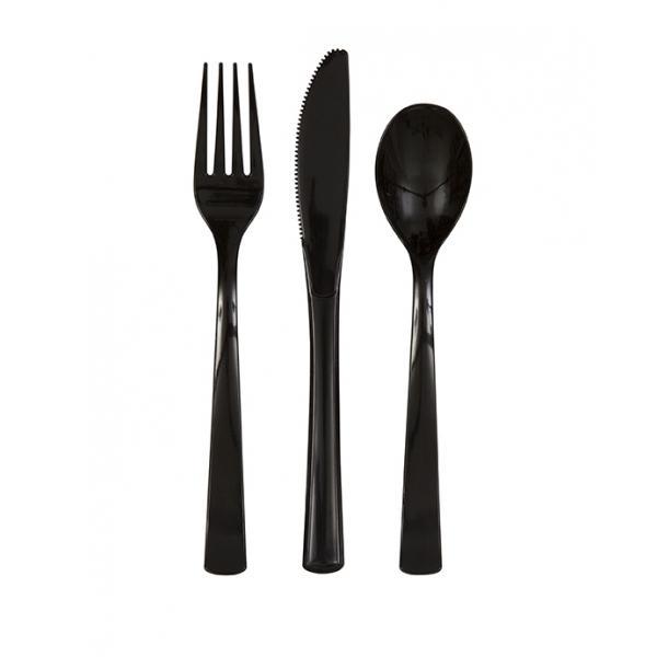 Plastmasas galda piederumi melni 18 gab