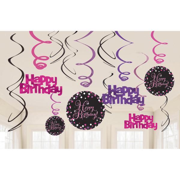 Spiralveida dekorācijas "Happy BDay, aveņkrāsas, 12 gab
