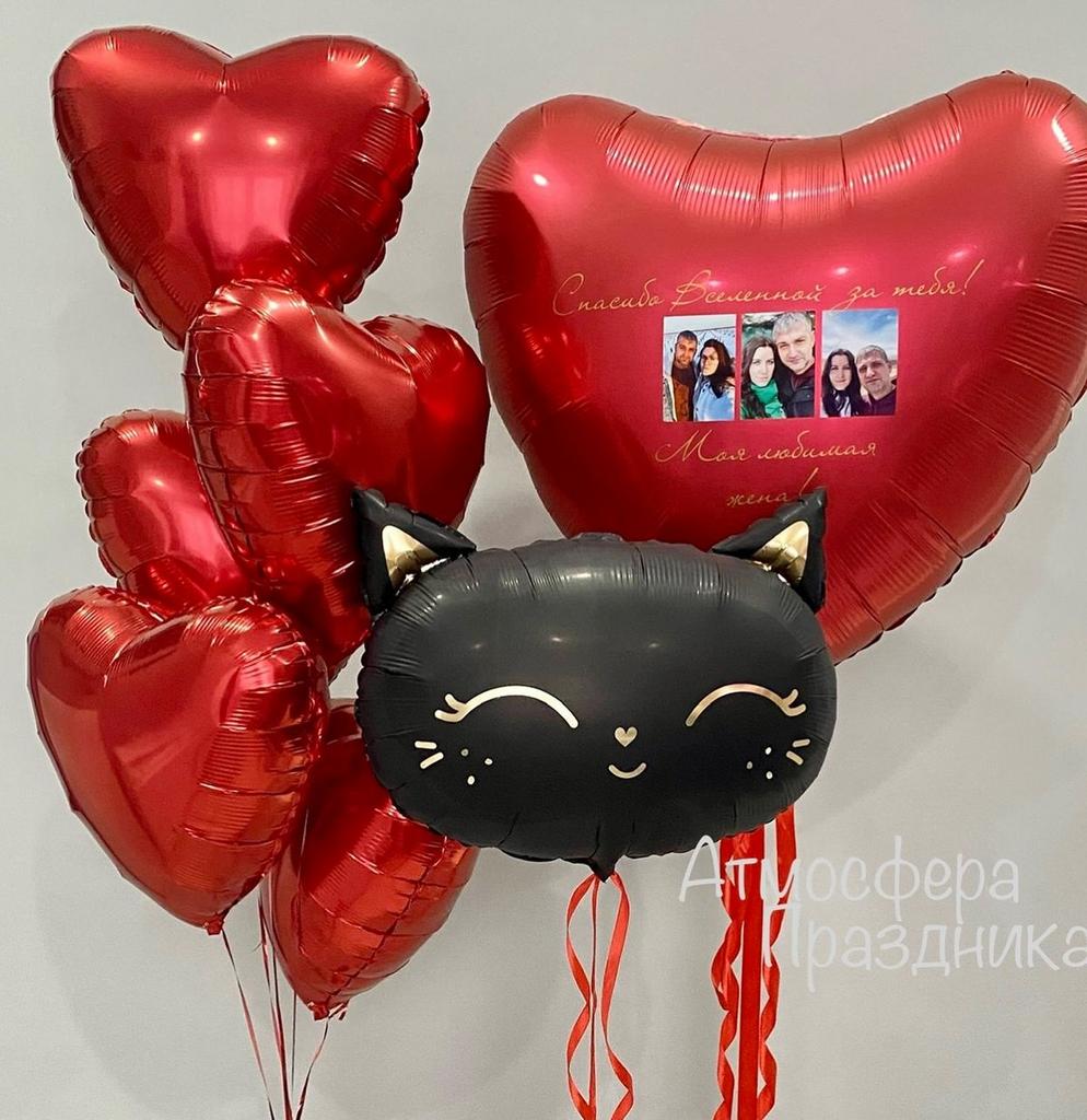 Balonu kompozīcija "Cat Foil Hearts+Big heart"