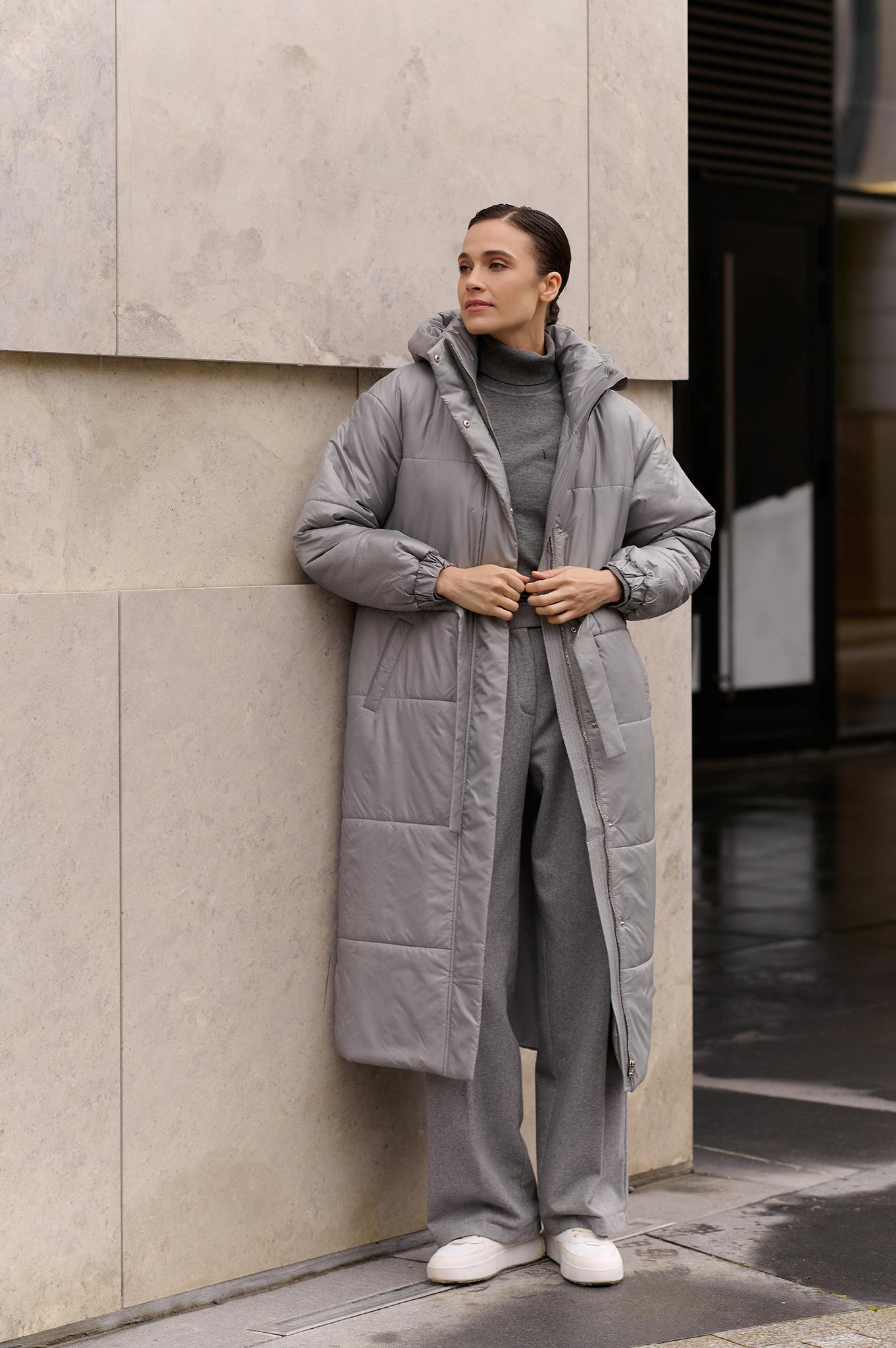 Длинный пуховик с капюшоном на кулисе GREY BURLO