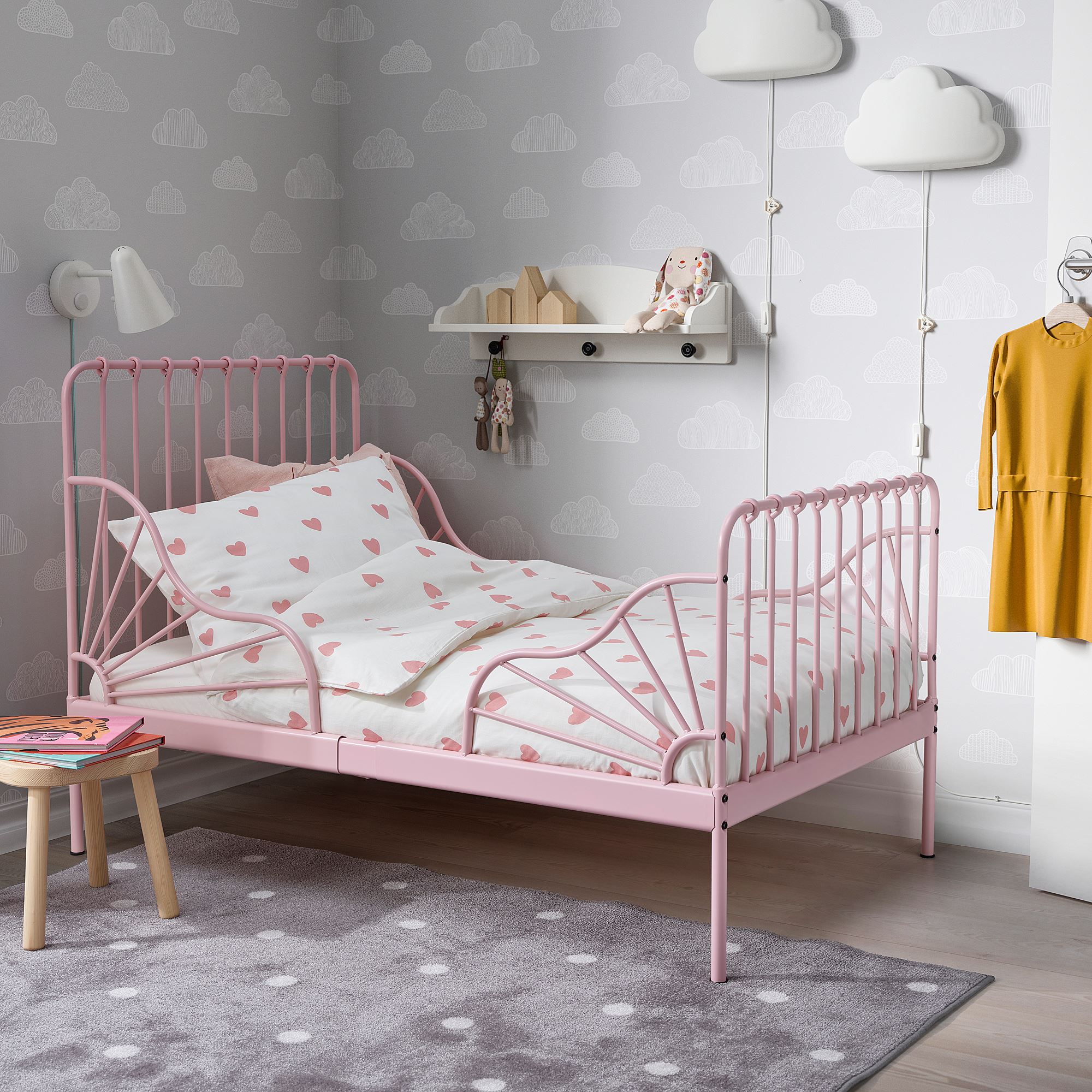 MINNEN/LUROY IKEA Раздвижная кровать с реечным дном, светло-розовый 80x200 см