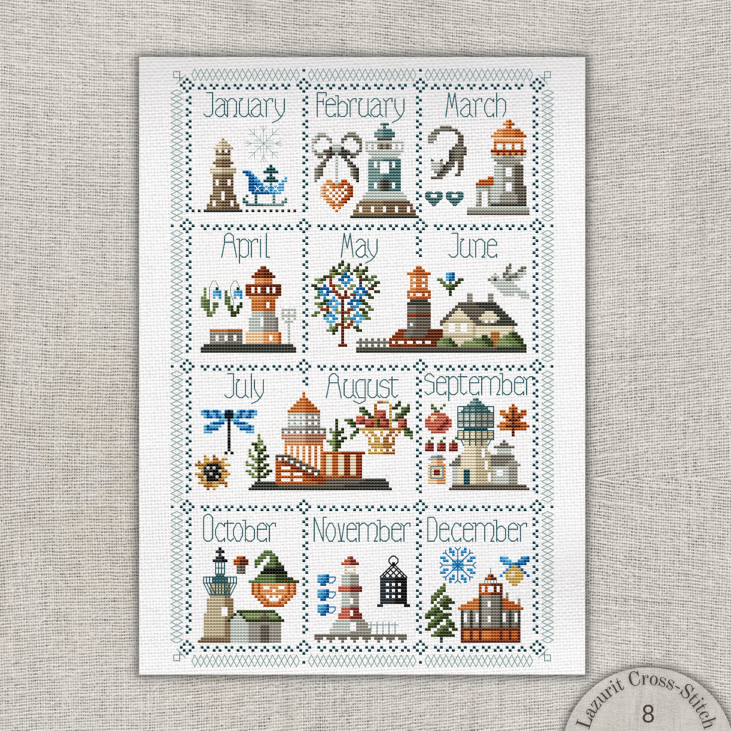 Coastal Lighthouse Calendar Cross Stitch - Year-Round Tranquility | "Sea-sonal" Lighthouse Cross Stitch