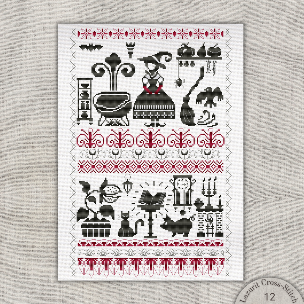 DIY Halloween Decor: Witch Cross-Stitch Pattern with Cauldron and Black Cat