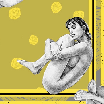 Yellow eco-silk scarf featuring illustrations of people in fetal position, textile artwork