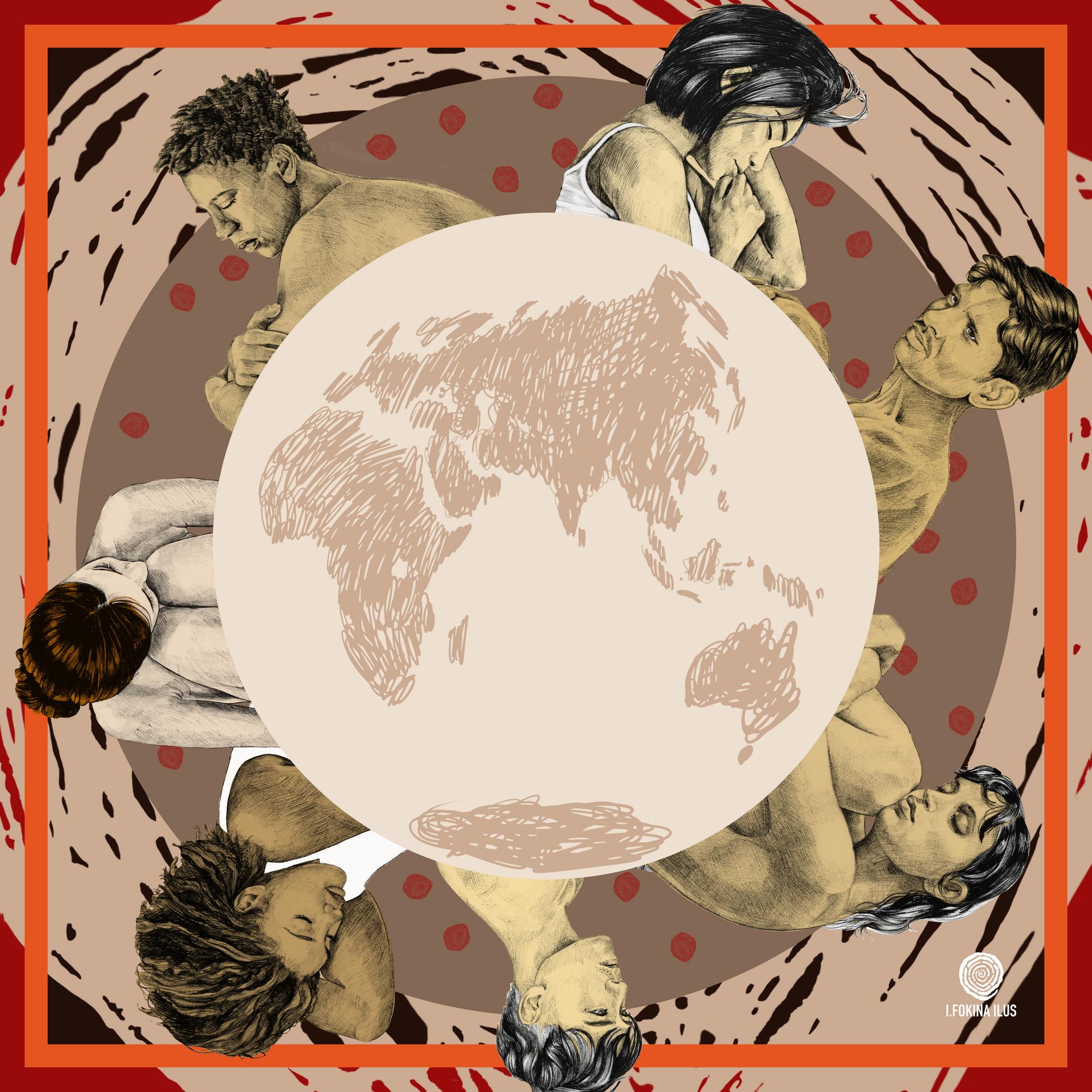 Red eco-silk scarf featuring illustrations of people in fetal position, textile artwork