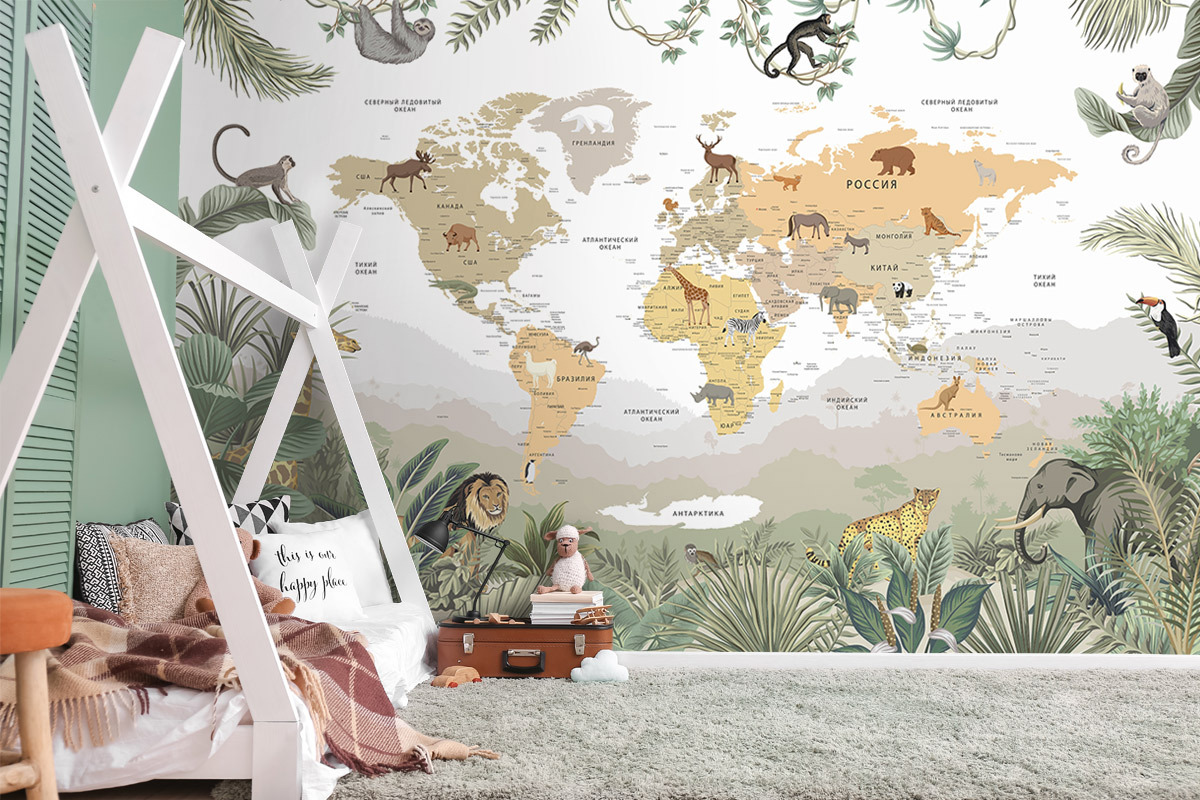 Обои Карта Мира > Обои Детская карта мира с тропическими животными купить  в интернет-магазине