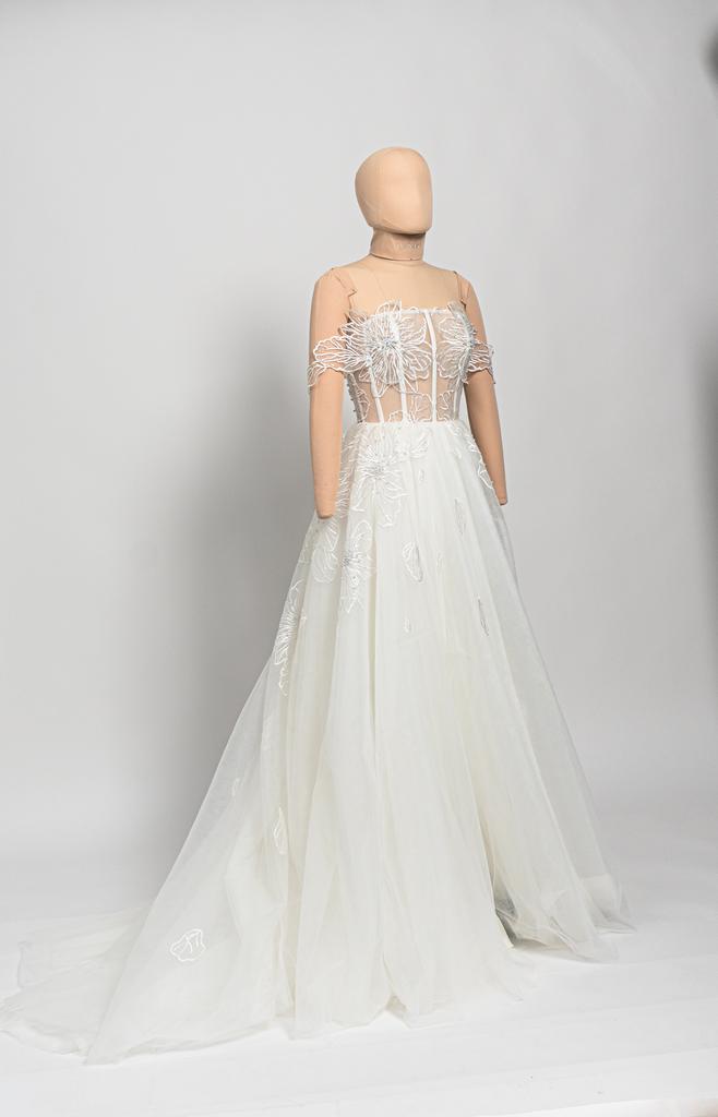 Romantic Corset Wedding Dress with Pearl Flowers, Train & Leg Slit   "Amelie"