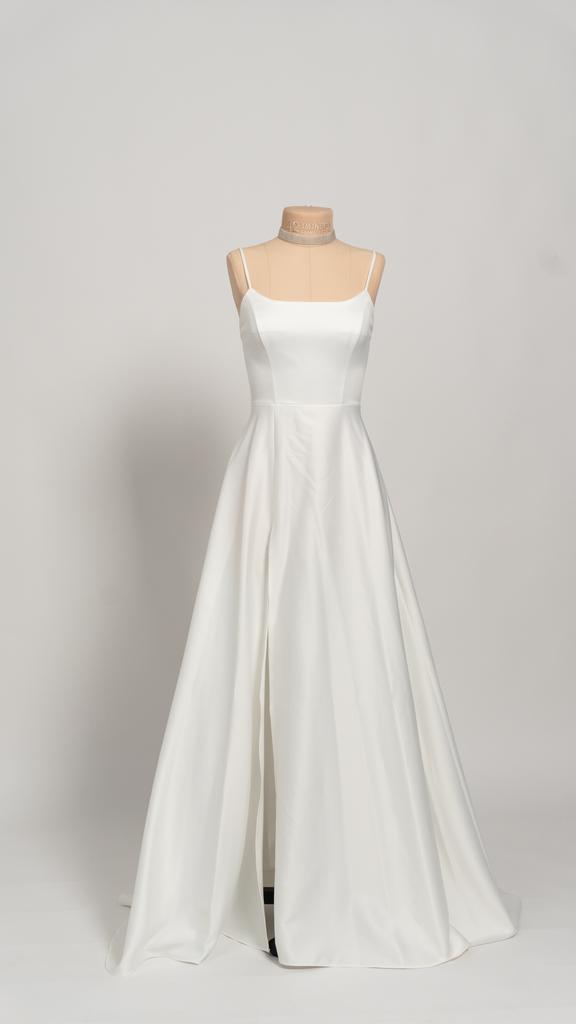 Modern Minimalist Off-White Wedding Dress with Delicate Straps, Open Back, and Leg Slit "Kira"