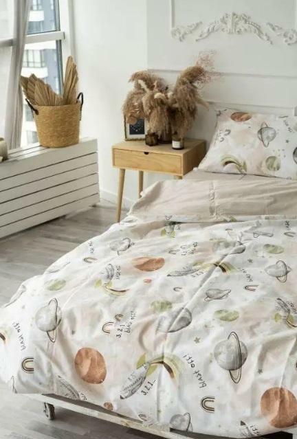 бежева дитяча постільна білизна з планетами ранфорс люкс якості фото 1