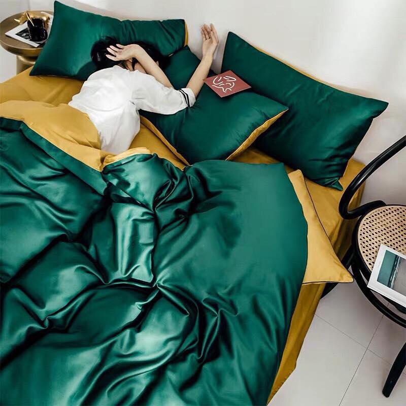 однотонна підліткова постільна білизна сатин у комбінації смарагдовий колір з золотим фото 1
