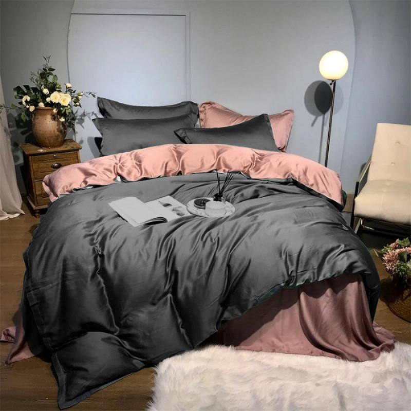 однотонна підліткова постільна білизна сатин графітового кольору в поєднанні з wisper pink