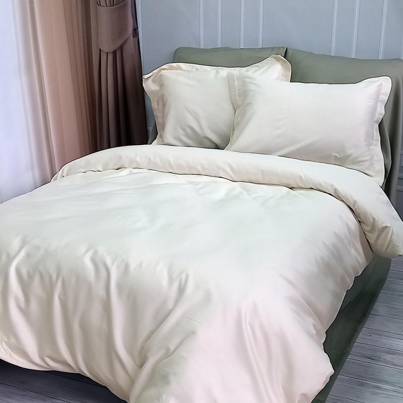 однотонна підліткова постільна білизна сатин молочного кольору в комбінації з оливковим фото 1
