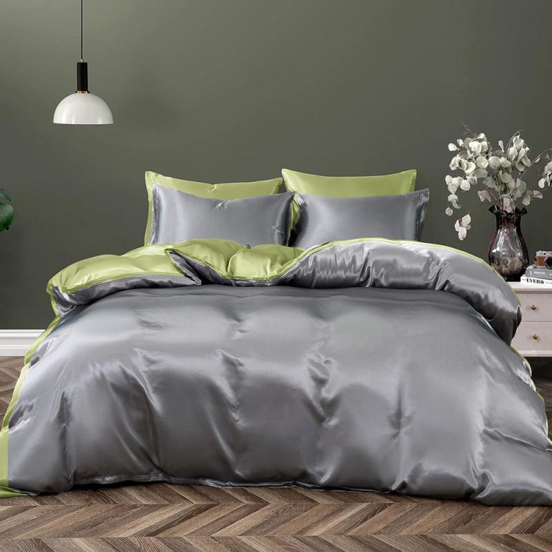 однотонна підліткова постільна білизна сатин сірий комбі фісташковий